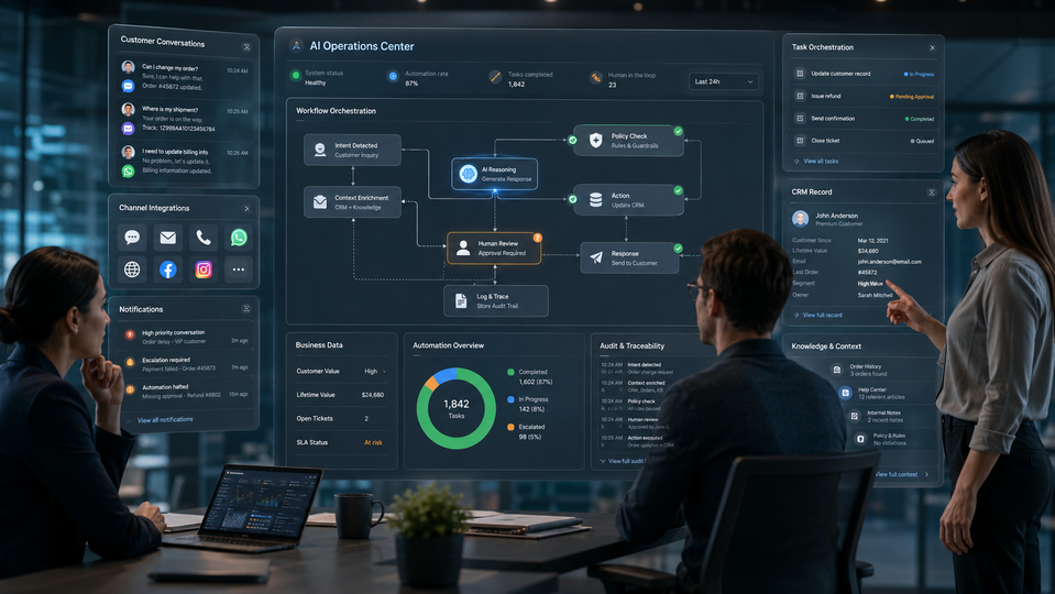 Business reviewing an AI system connected to several operational processes